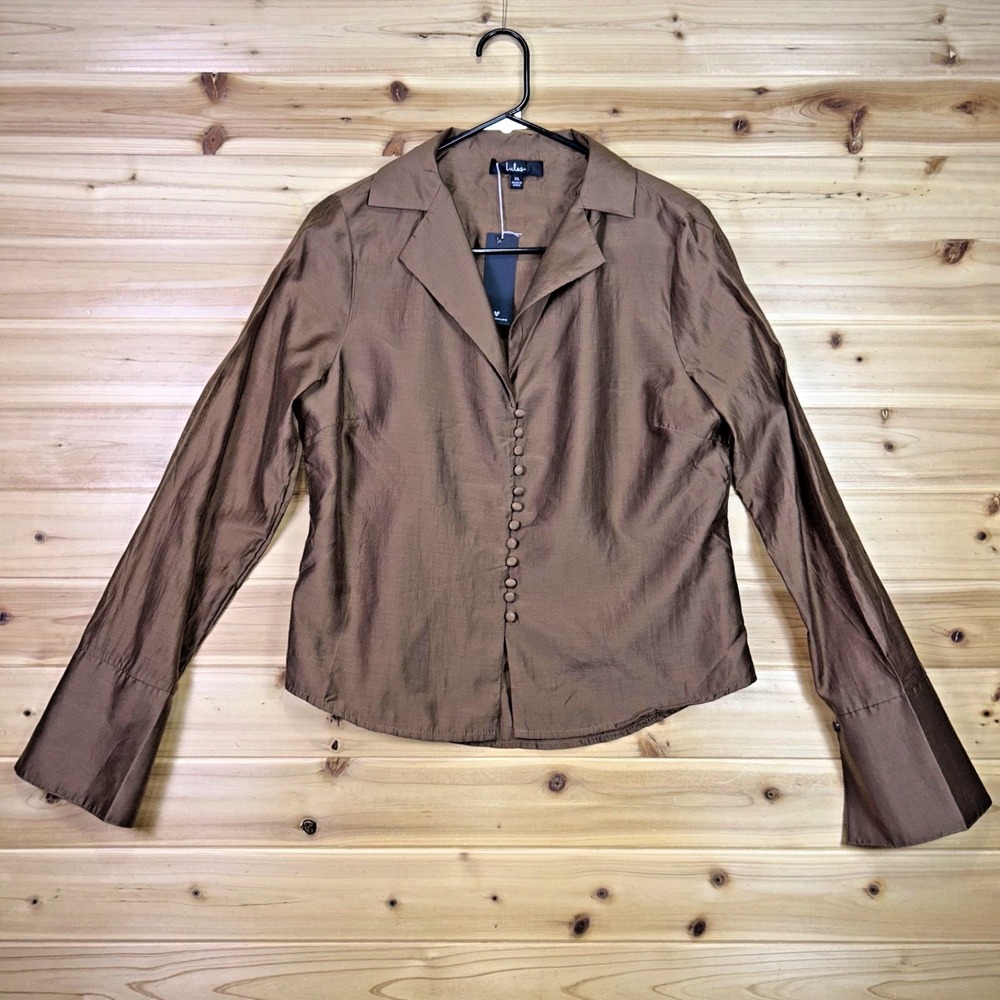Lulus Blouse Womens XL Brown Tencel Collared Button Up Flared Long Sleeve Shirt